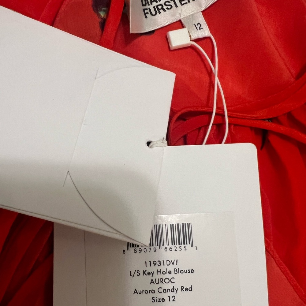 Diane Von Furstenberg Long Sleeve Keyhole Silk Blouse in Aurora Candy Red - Picture 8 of 8